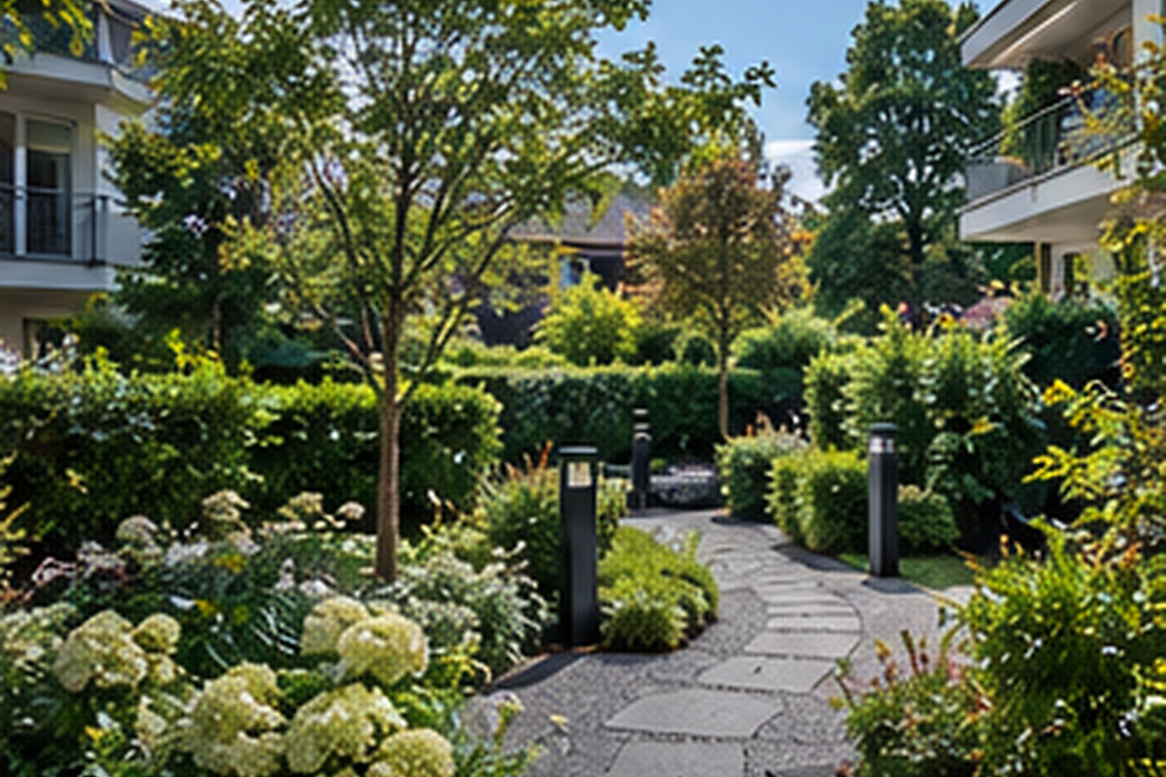 Gartenanlage einer Wohnüberbauung mit Natursteinweg