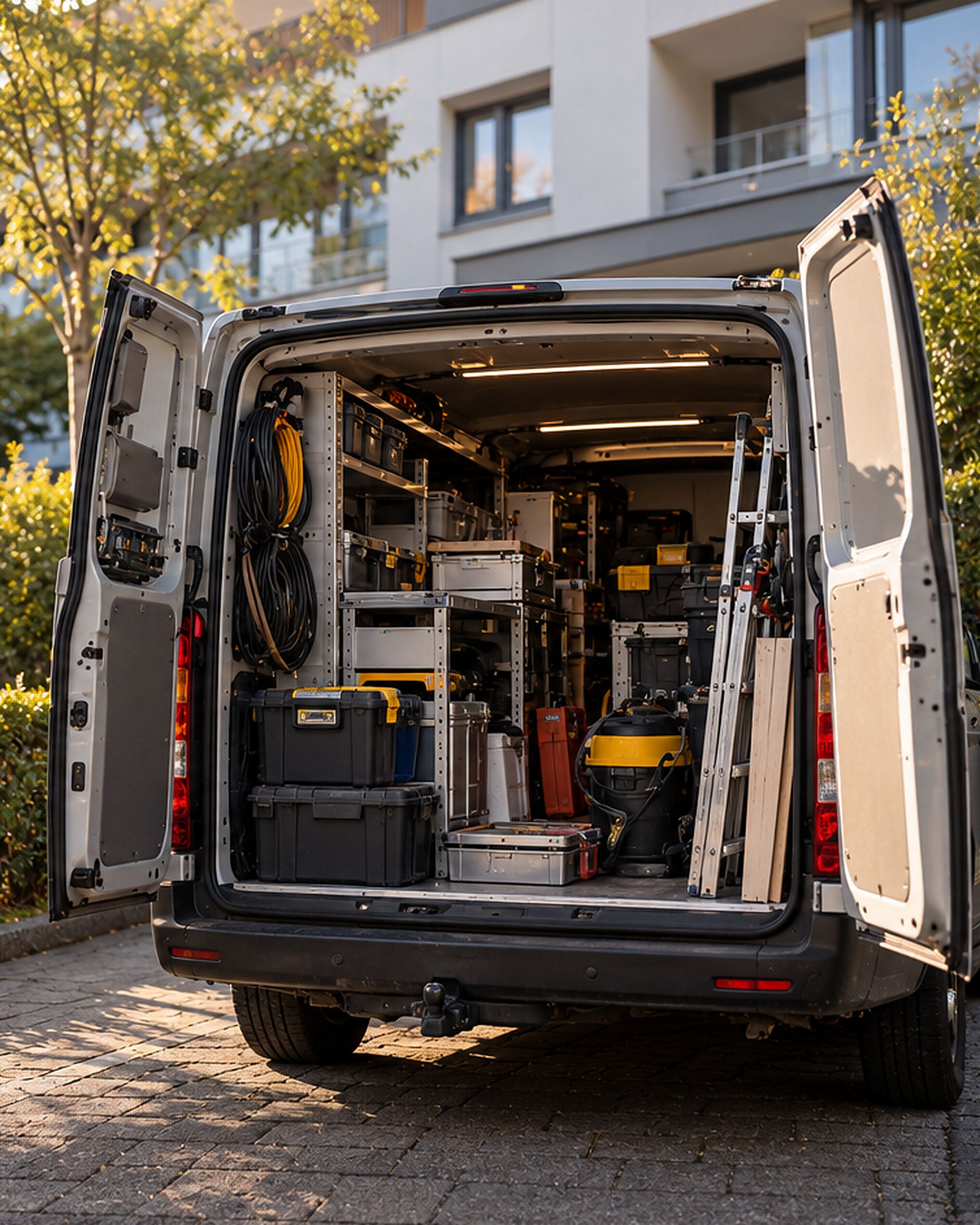Geöffneter Servicewagen mit Werkzeugkoffern, Kabeln und Leiter vor einem Mehrfamilienhaus